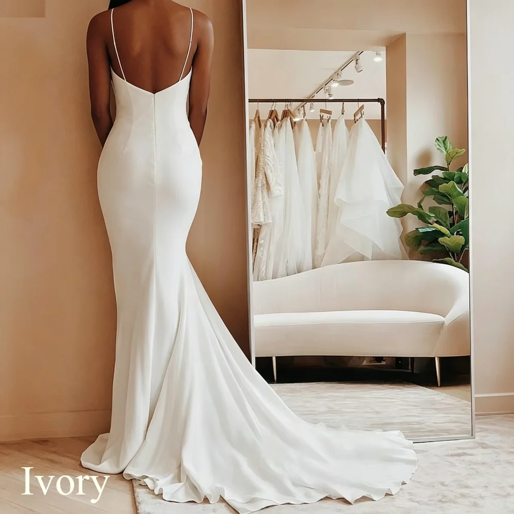 Customized Modern Simple Satin Wedding Dresses V-neck Spaghetti Straps Backless Formal Pleated Bridal Grown vestidos Sweep Train
