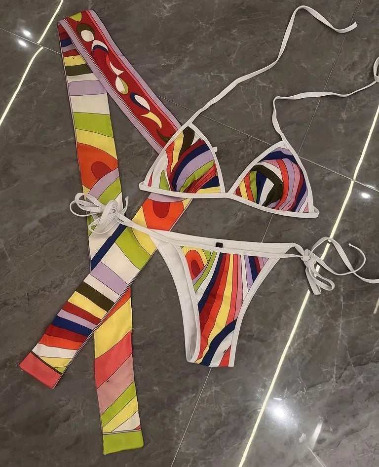 2026 Fashion Design Women's Red Scarf Sling Swimsuits Classic Brand Lady Scarf Bikini Sets with Letter Signature Logo