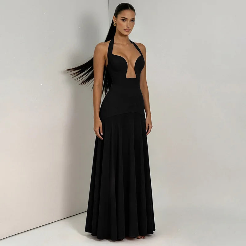 2026 NEW Summer Women Halter Front Cut Out V Neck Bodycon Maxi Dress Sleeveless Sexy Elegant Club Evening Party Long Dress