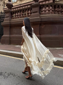 Women Solid Cloak Long Dresses Fashion Stand Neck Lace Sleeveless Ruffle Irregular Hem Dress 2025 New Summer Street Lady Gown