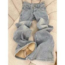 Y2K Fleece Flare Jeans Women Harajuku Streetwear Lace Bow Denim Pants Winter Fashion Sweet Cute High Waist Slim Design Trousers