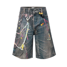 3D Candy Chain Print Baggy Jeans Shorts for Men Streetwear Summer Wide Leg Patchwork Casual Loose Knee Length Pants Oversized