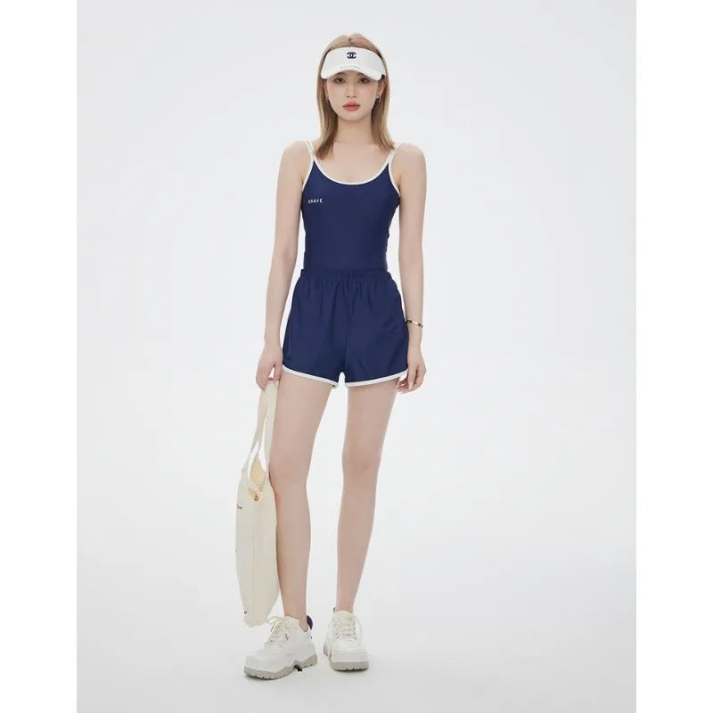 Sports Navy Blue Two-piece Swimsuit Set with Suspenders and High Waisted Shorts Suitable for Beach Swimming Pool Training