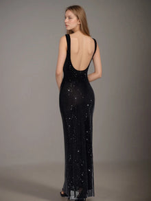 DEAT Fashion Shoulder Sequin Mesh Diamond Suspender Dress Women's Slim Fit High Waist Ankle-length Dresses New 7A846