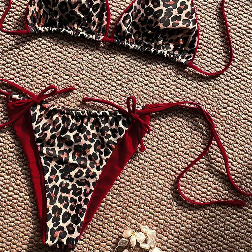 Red Leopard Bikinis Sets Bowknot Triangle String Backless Swimsuit Push Up Halter Extrem Swimwear Thong Women Beach Bathing Suit
