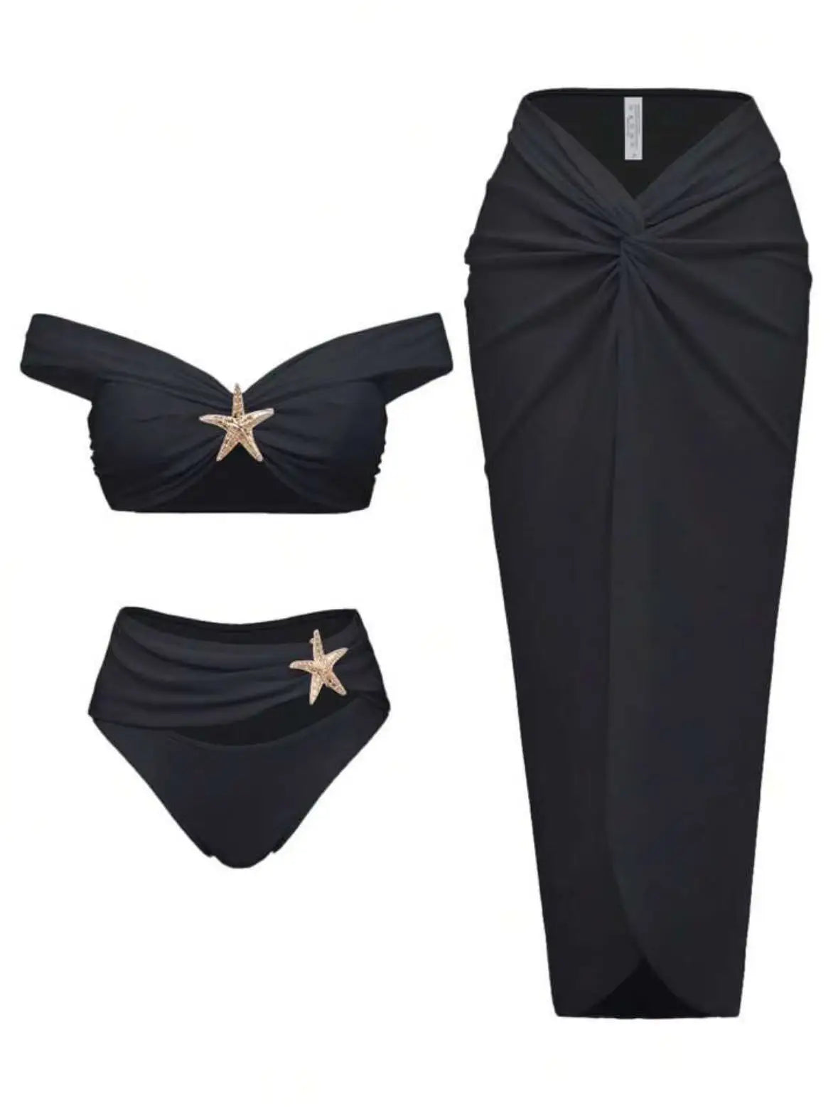 Women's Sexy Bikini Set Beachwear Metallic Starfish Bikini Folds Long Skirts Three Piece Sets Hot Girl Vacation Style Swimsuit