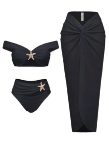 Women's Sexy Bikini Set Beachwear Metallic Starfish Bikini Folds Long Skirts Three Piece Sets Hot Girl Vacation Style Swimsuit
