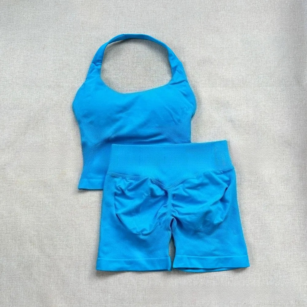 NO Logo Gym impact shorts set Strap Top Women's Long Line Strap Vest Pads Yoga Clothes Fitness Exercise Running Sports Clothes