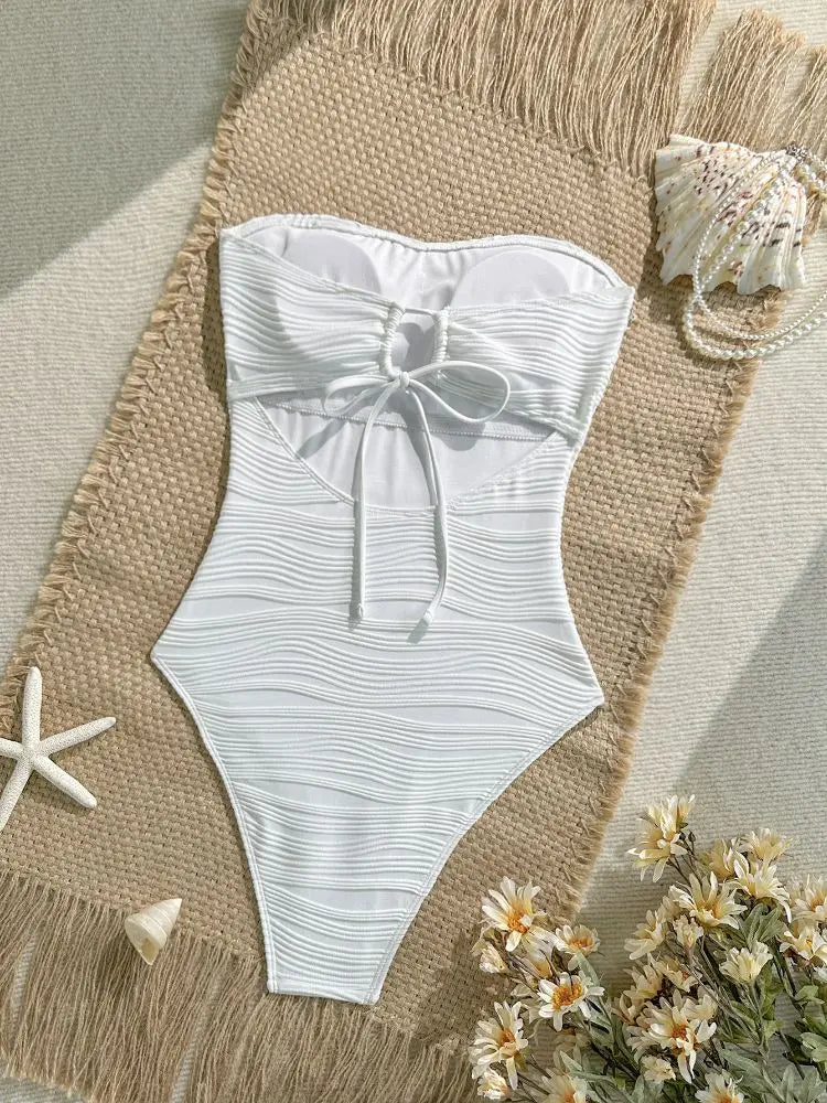 Cikini Sexy One-Piece Swimsuit Solid Color Textured Seashell Starfish Pendant Detachable Strapless Halter Backless Hollow Out