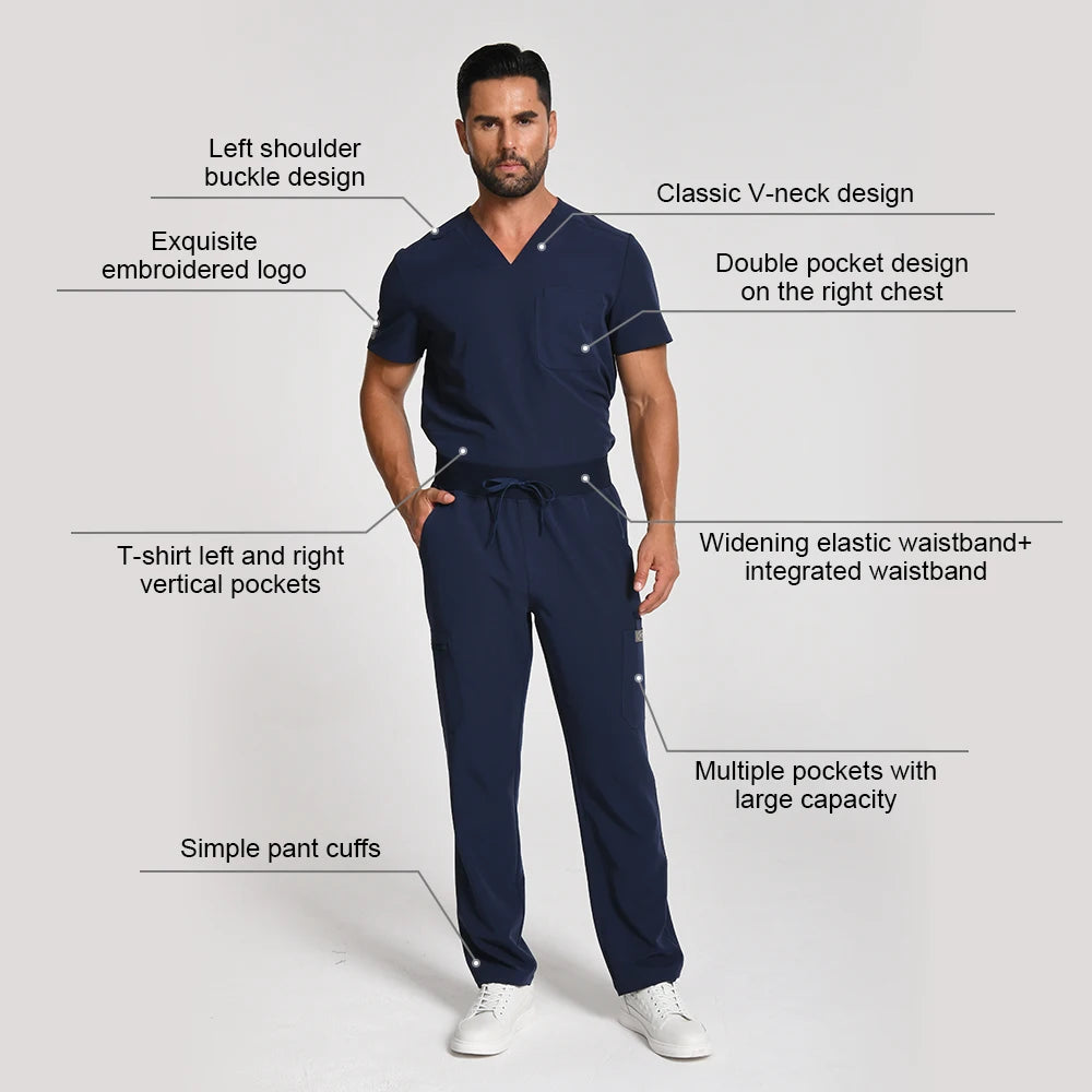 KUNGFU SCRUBS Mens Uniforms Medical Surgical Scrubs Set Short Sleeve V-Neck Top & Pants Soft Breathable Stretch Nursing Workwear