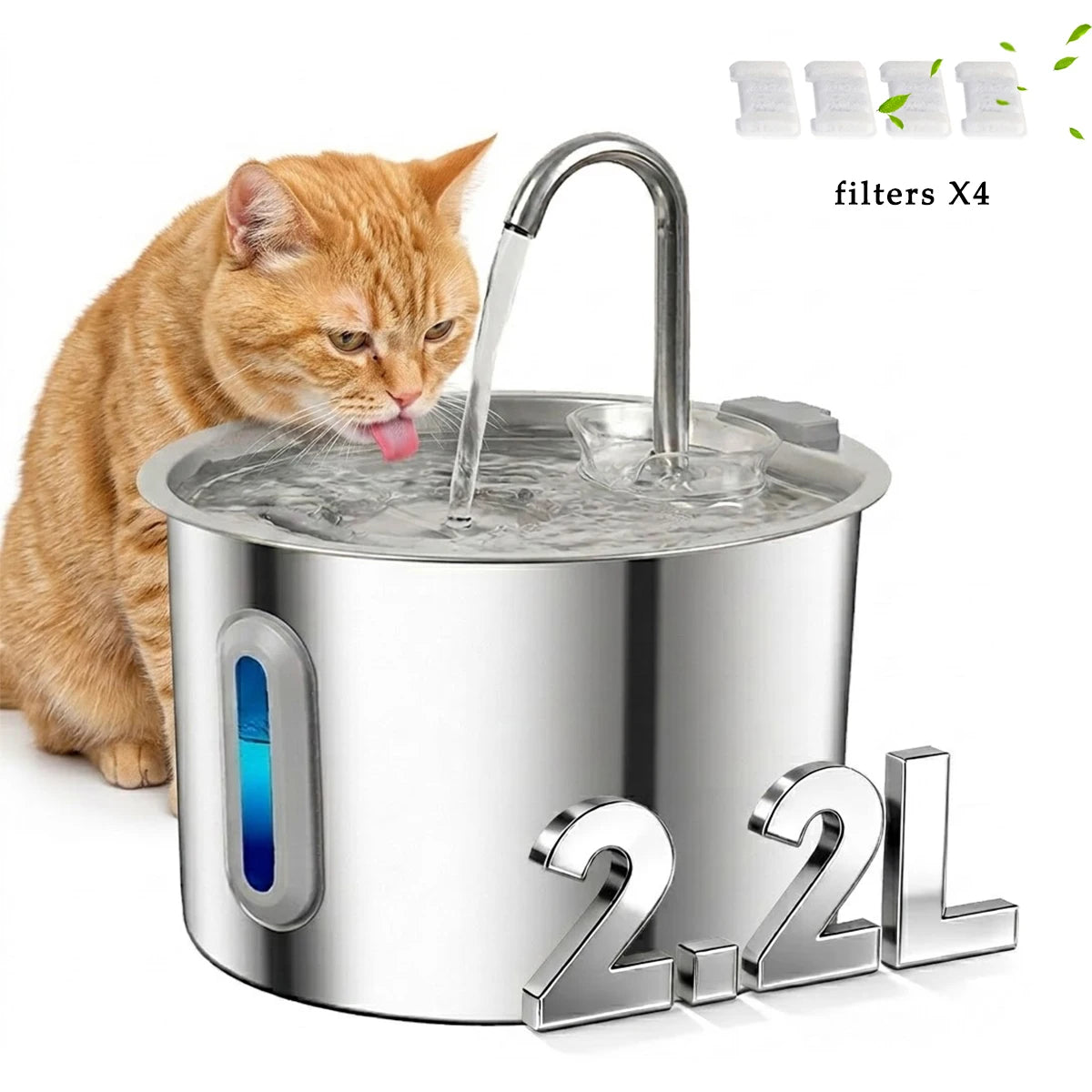 Stainless Steel Cat Water Fountain with 4 Filters, 2.2L/74oz Pet Automatic Water Fountain, Ultra Quiet Water Pump, Easy to Remov