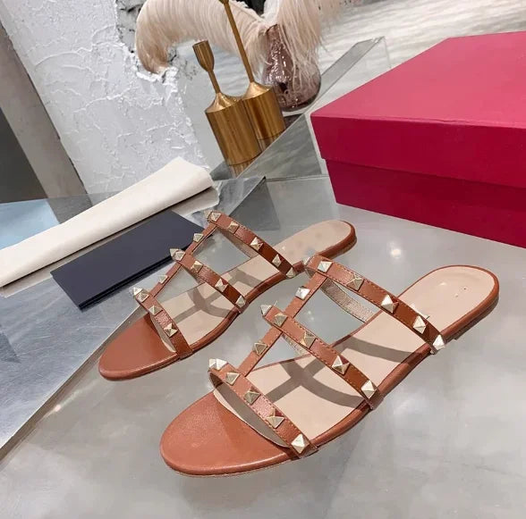 Women Soft Leather Stud Flat Shoes Open Toe Summer Black White Brown Slippers Seam Retro Leisure Slides EU34-43 Big Gold Rivets