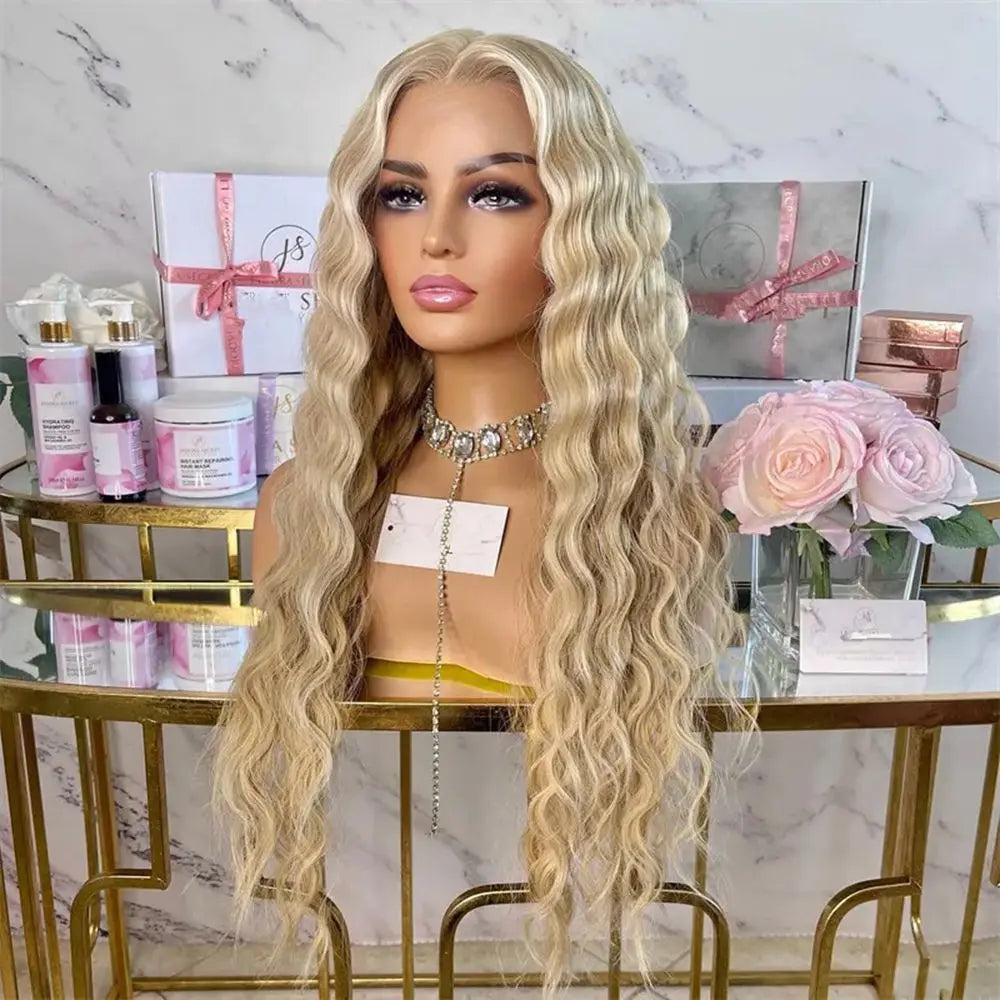 26 Inch Blonde Water Wave Synthetic Lace Front Wig For Women