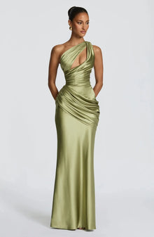 Women Green Ruched Elegant Satin Maxi Dress Mermaid One-shoulder Cutout Slim Fit Flowy Vestido 2026 Lady Summer Evening Vestidos