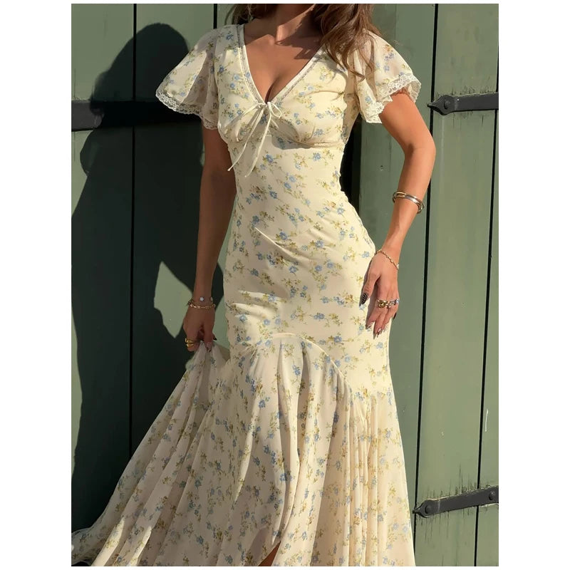 Fashion V-neck Floral Women Maxi Dress Flutter Sleeve Lace Trim High Waist Chiffon Vestidos Summer Female Daily Vacation Dresses