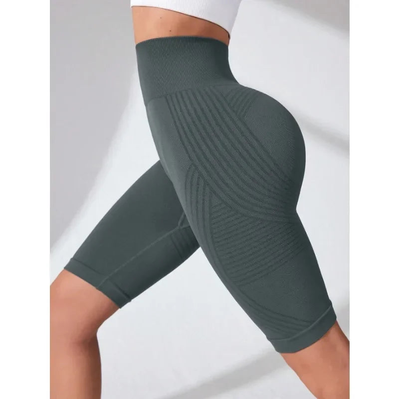 Women High Waist Seamless Slim Shorts Stretchy Push Up Butt Linear Aesthetic Yoga Shorts Knitted Workout Running Leggings