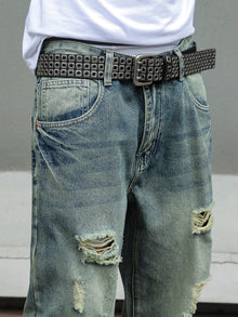 Y2K Distressed Skinny Jeans for Men Ripped Vintage High-Waisted Hip-Hop Streetwear Style