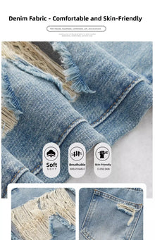 Jean droit déchiré tendance pour femme, printemps-été, taille haute, coupe large décontractée, design amincissant, jean en denim décontracté