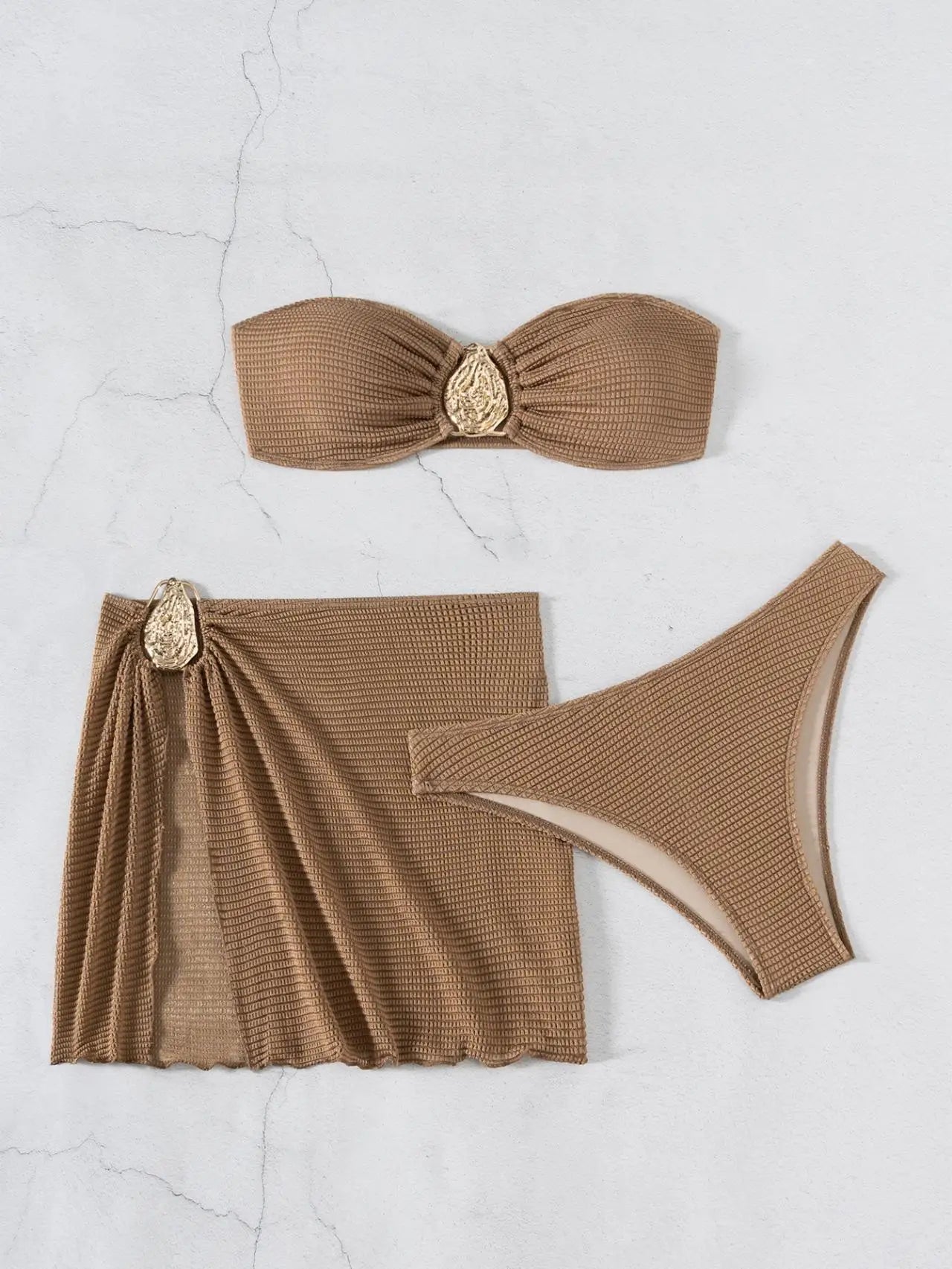 Coffee Bandeau Bikini Set With Mesh Skirt 3 Piece Swimwear