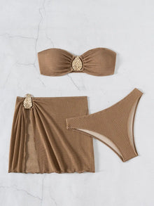 Coffee Bandeau Bikini Set With Mesh Skirt 3 Piece Swimwear