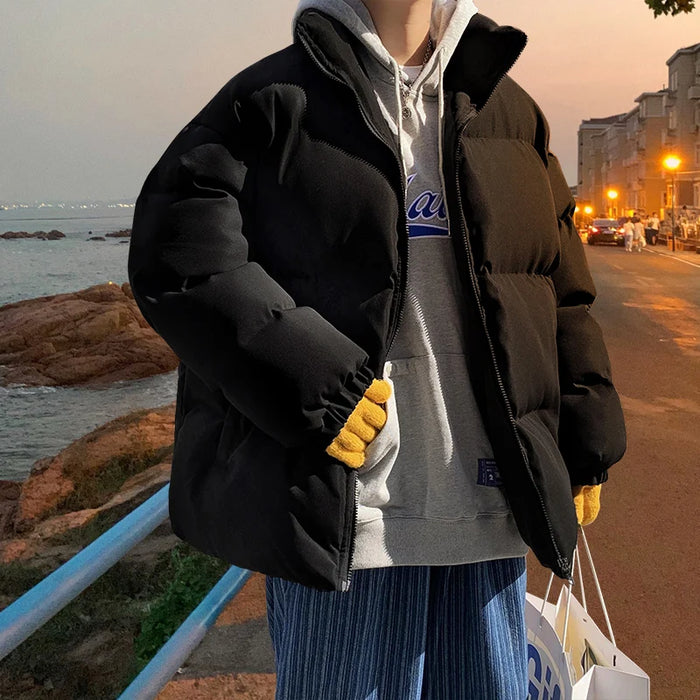 Streetwear Harajuku Warm Men's Winter Coat Solid Color Casual Parka Stand Collar Fashion Oversize Women's Winter Jacket