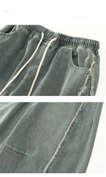 Retro Distressed Wide Leg Curved Jeans Men Y2K Hip Hop Baggy Denim Pants Streetwear Casual Trousers