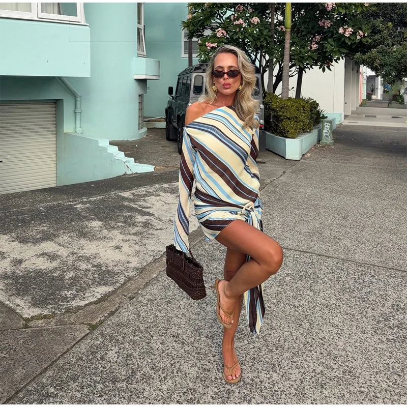 Women Rainbow Diagonal Stripe Maxi Dress One Shoulder Strap Slim Bodycon High Slit Knit Vestido Summer Beach Vacation Outfit