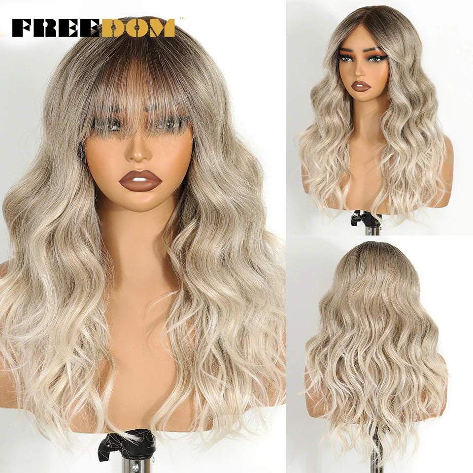 Freedom 6x4 Lace Front Wigs Ombre Brown Blonde Wavy Bangs