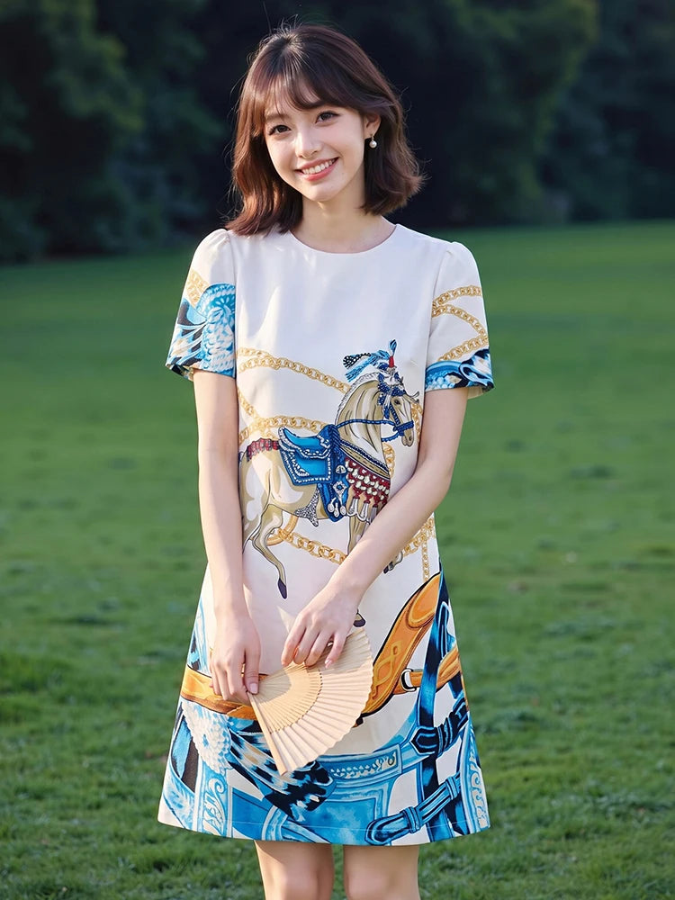 Women Printed Beaded Rhinestone Dress Puff Sleeve Straight Dress Short Sleeve Elegant Summer Fashion Casual Dress