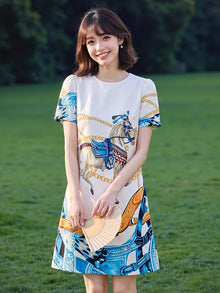 Women Printed Beaded Rhinestone Dress Puff Sleeve Straight Dress Short Sleeve Elegant Summer Fashion Casual Dress