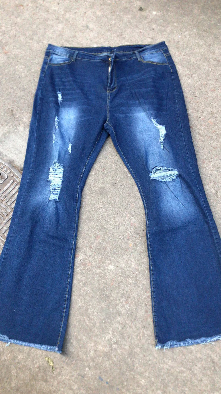 Spring and autumn Women's Blue Ripped Flared Jeans, Black Stretch Denim Pants, Stylish Casual Trousers.