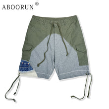 ABOORUN Hi Street Men's Army Patchwork Shorts Multi Pockets Cargo Shorts for Male