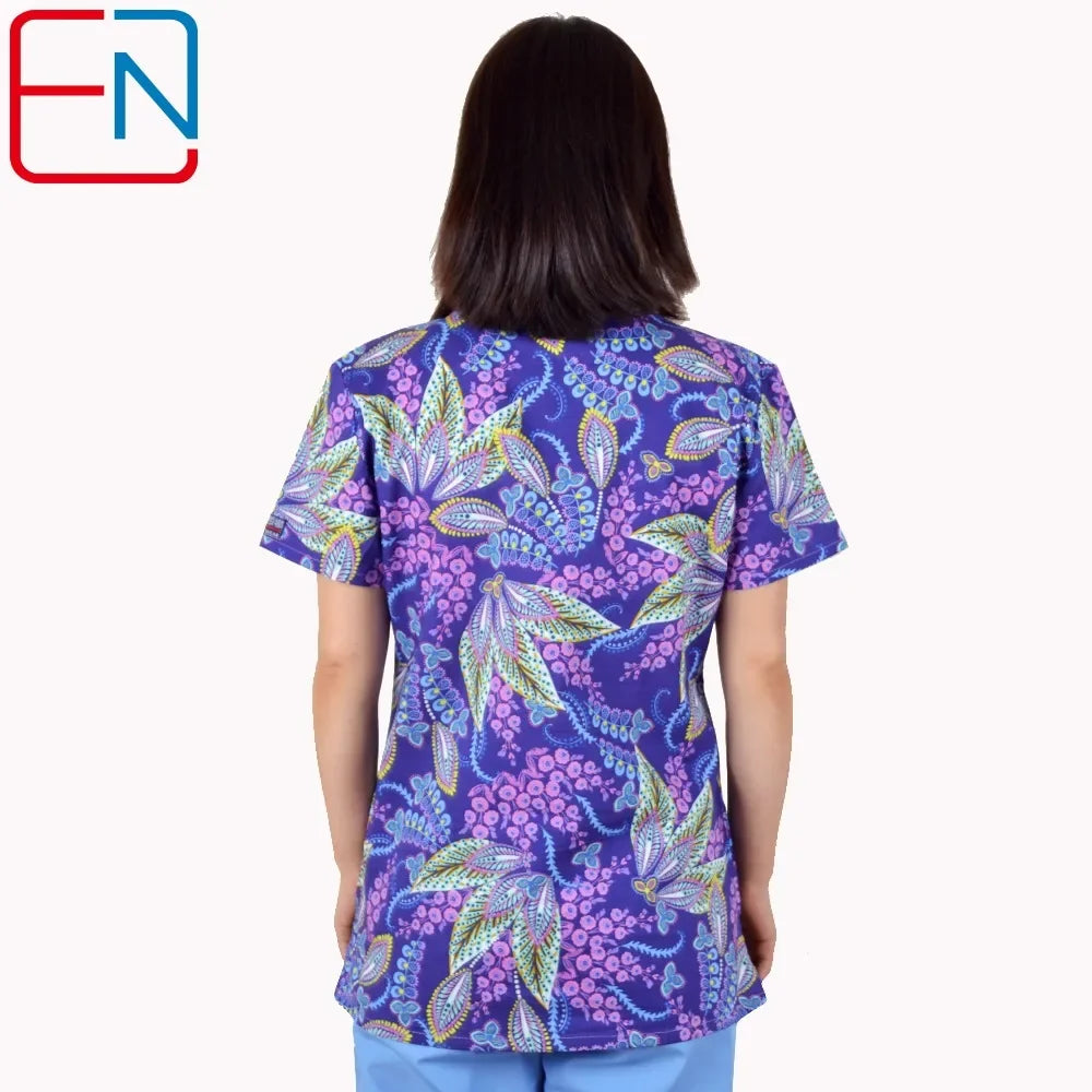 Hennar Print Vet Scrub Uniform For Women In 100% Cotton 4 pockets,XXS-5XL Pet Doctors Medical Scrub Tops