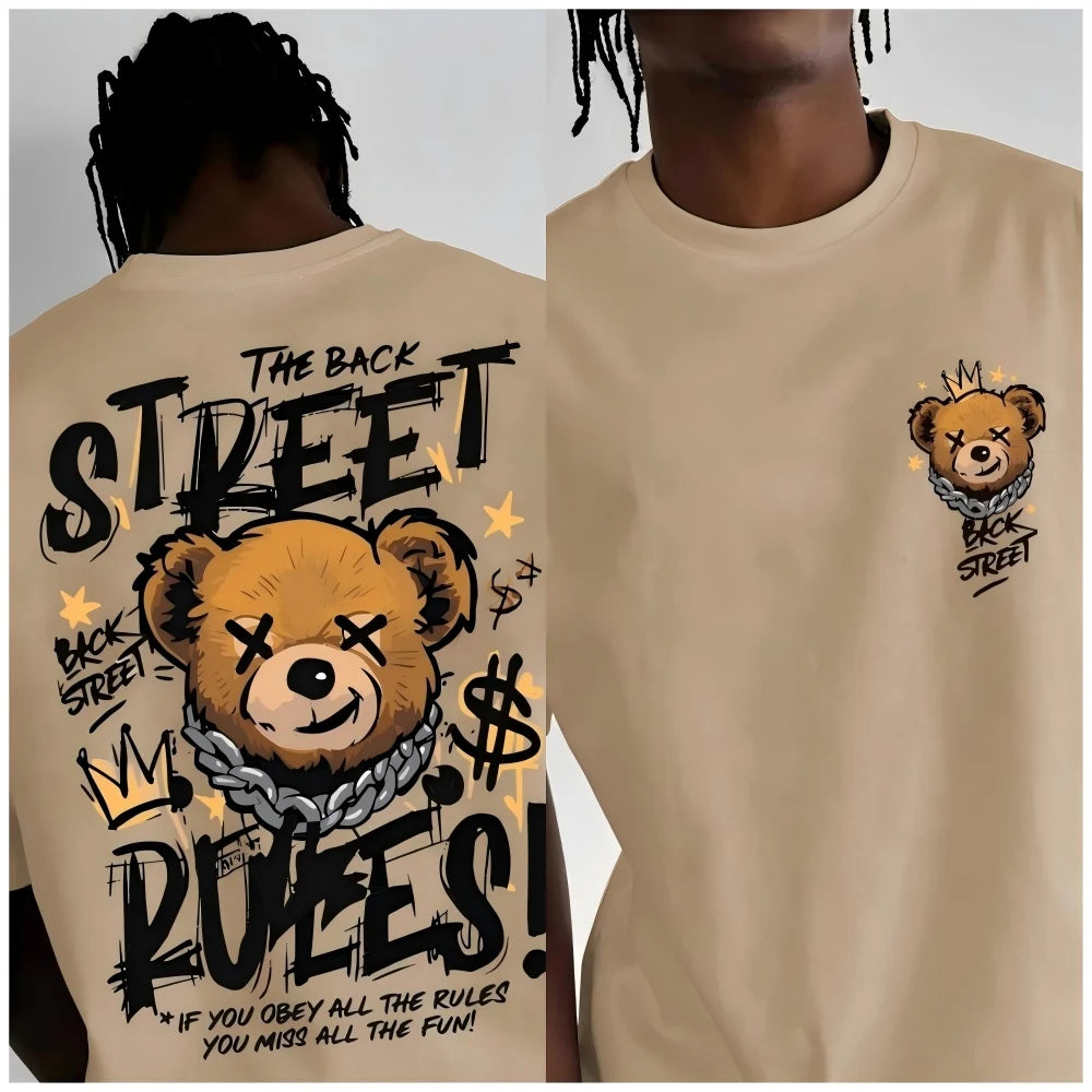European and American men's fashionable summer bear letter print comfortable and breathable round neck T-shirt outdoor street to