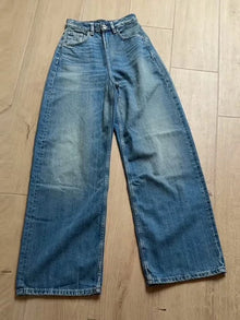 Women Jeans High Waist Pants Wide Leg Jean Contrast Brown Leather Patch Pockets Fit Casual Denim Trousers Spring Woman Clothes