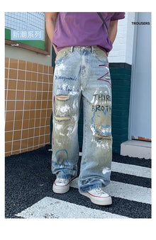 2026 New Street Graffiti Ripped Painted Jeans for Men, Straight Loose Wide-Leg Trendy Brand, Cool and High-End