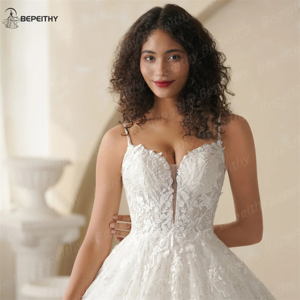 BEPEITHY Customized Glitter Princess Ivory Wedding Dresses For Women Sleeveless Shinny Lace V Neck Bride Ball Bridal Gown 2025