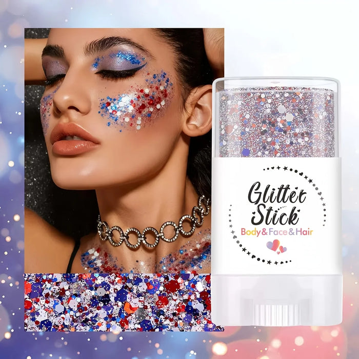 Bâton de maquillage corporel à paillettes patriotiques avec lingette démaquillante, maquillage pour le visage rouge, blanc et bleu pour le 4 juillet et les matchs sportifs
