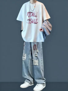 Y2k Streetwear Printed Ripped Hole Jeans Men Wide Leg Denim Baggy Pants Vintage Casual Jeans Straight Trousers