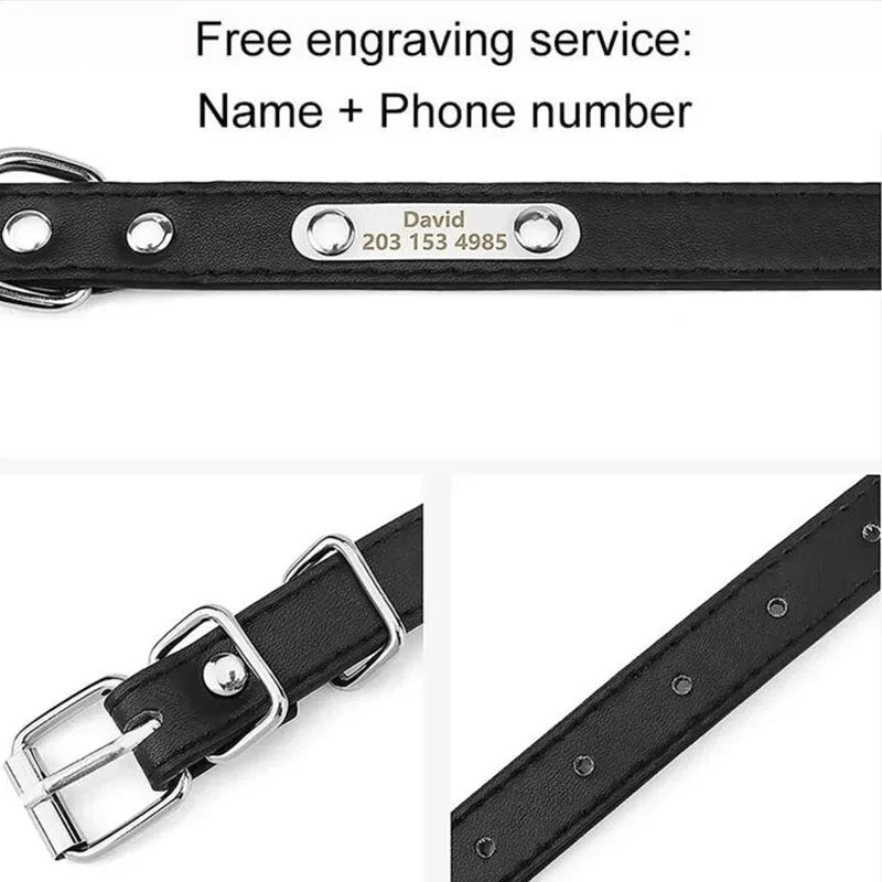 Personalized Dog Collar Name Carved ID Tag  Anti-lost Solid PU Leather Collar For Small Medium Large Dogs Puppy Cat Pet Supplies
