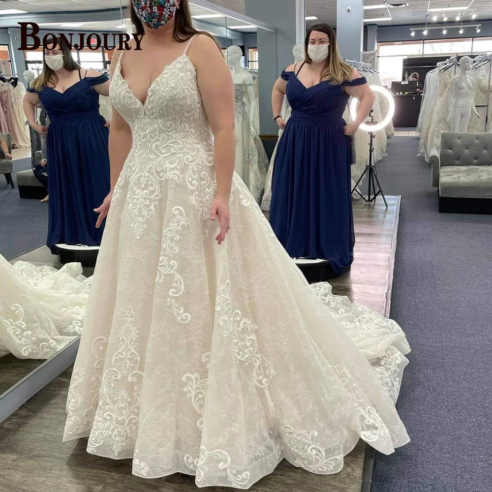 BONJOURY Simple V-neckline Wedding Dress for Woman Bride Satin Pockets Chapel Train Button Vestido De Casamento Drop Shipping