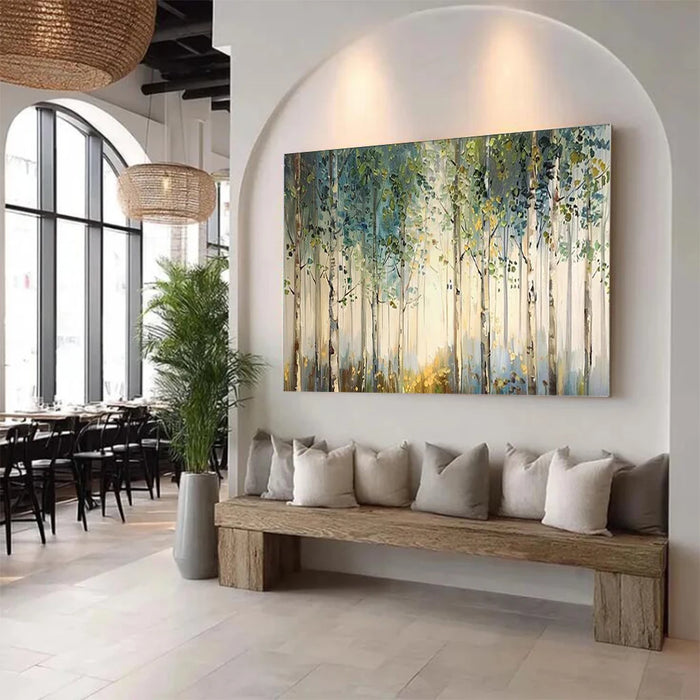 Peinture à l'huile abstraite 100 % faite main, paysage de forêt dorée, œuvre d'art originale, grande peinture murale pour décoration de salon
