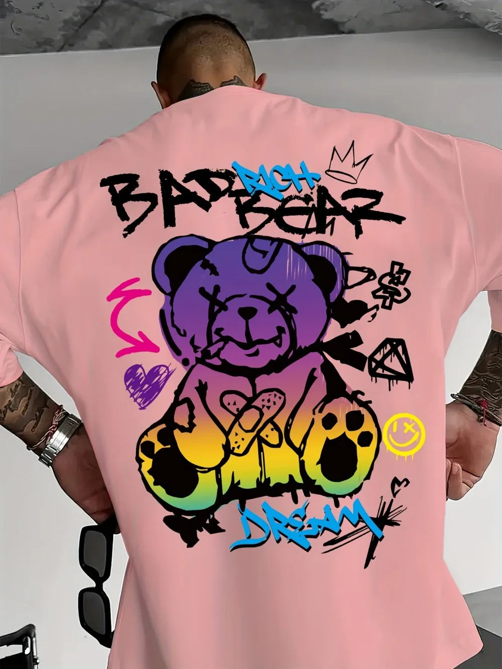 2025 Summer New Men's Little Bear Graffiti Printed Comfortable i Breathable Round Neck T-shirt Outdoor Street Style Top