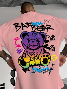 2025 Summer New Men's Little Bear Graffiti Printed Comfortable i Breathable Round Neck T-shirt Outdoor Street Style Top