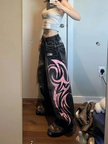 Men's Mottled Totem Print Jeans American Style Old Washed Wide Leg Retro Loose Fashion Trend Wide Leg Jeans Goth Pant Y2K Unisex