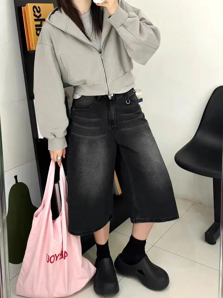 American Vintage High Waist Mid Long Baggy Denim Shorts Women's Casual 2000s Y2K Wide Leg Grunge High Street Style Shorts