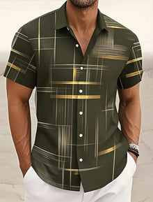 Summer Men's Geometric Grid  Plaid Shirts Short SleeveTurndown Hawaiian Shirt Button Up Shirts No Pockets Shirts