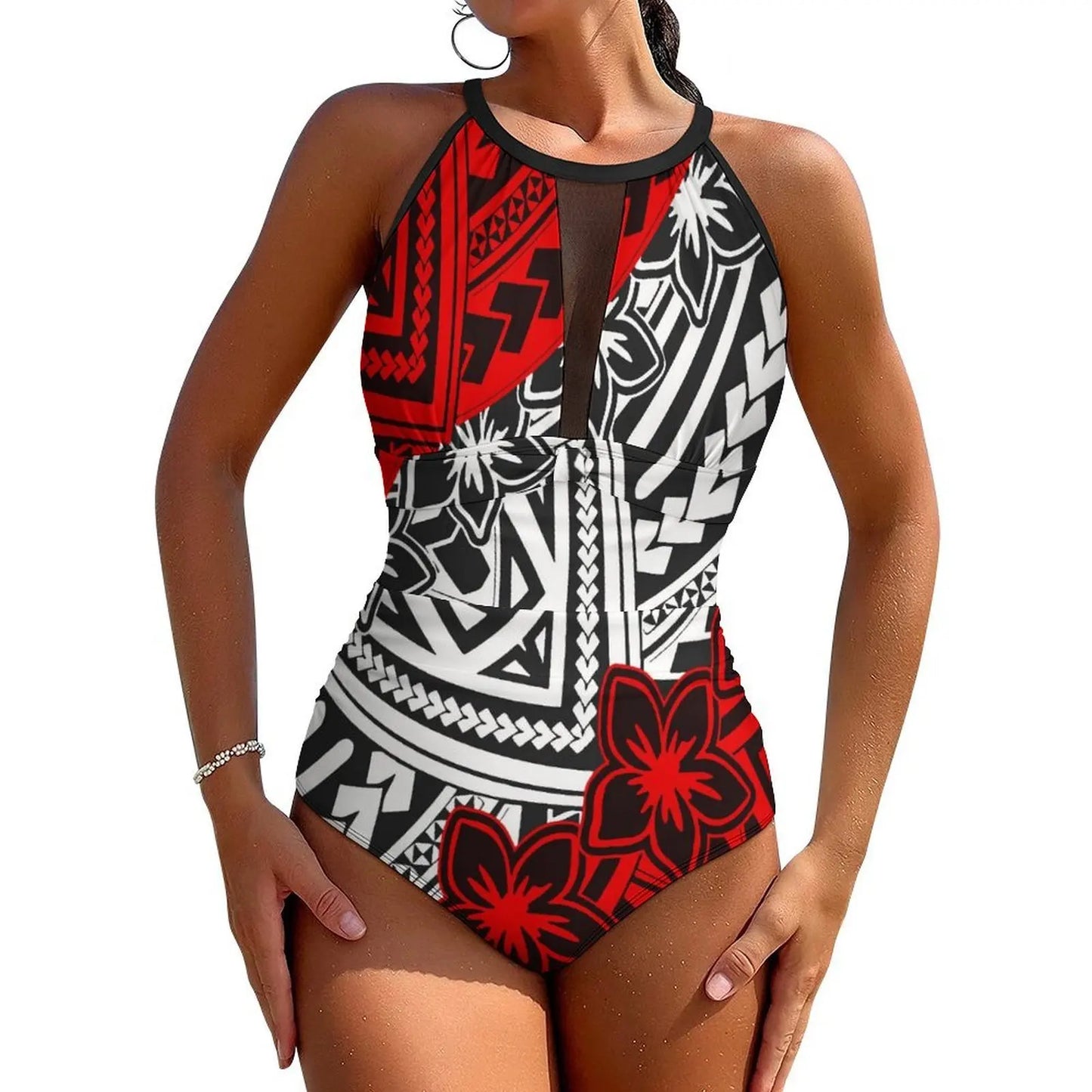 Fiji High-Waisted Swimsuit Push-Up One-Piece Swimsuit Polynesian Custom Ethnic Print Swimwear Printed Swimsuit Backless Bikini