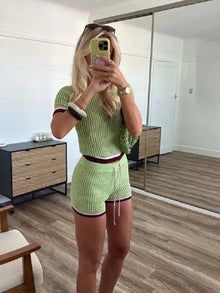 Ensemble décontracté en tricot : haut à col rond et manches vertes, short à cordon, ensemble 2 pièces, tenue de ville pour femme, vacances d'été 2026