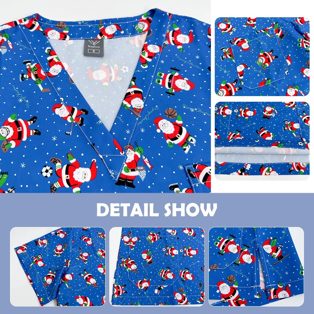 Nursing Uniforms Cartoon Printed Medical Elastic Hospital Doctor Unisex Halloween Christmas Costumes Women Men Nurse Scrubs Tops